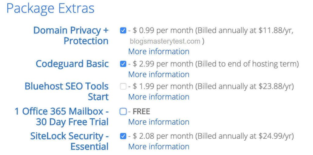 choose extras like domain privacy, domain protection at Bluehost